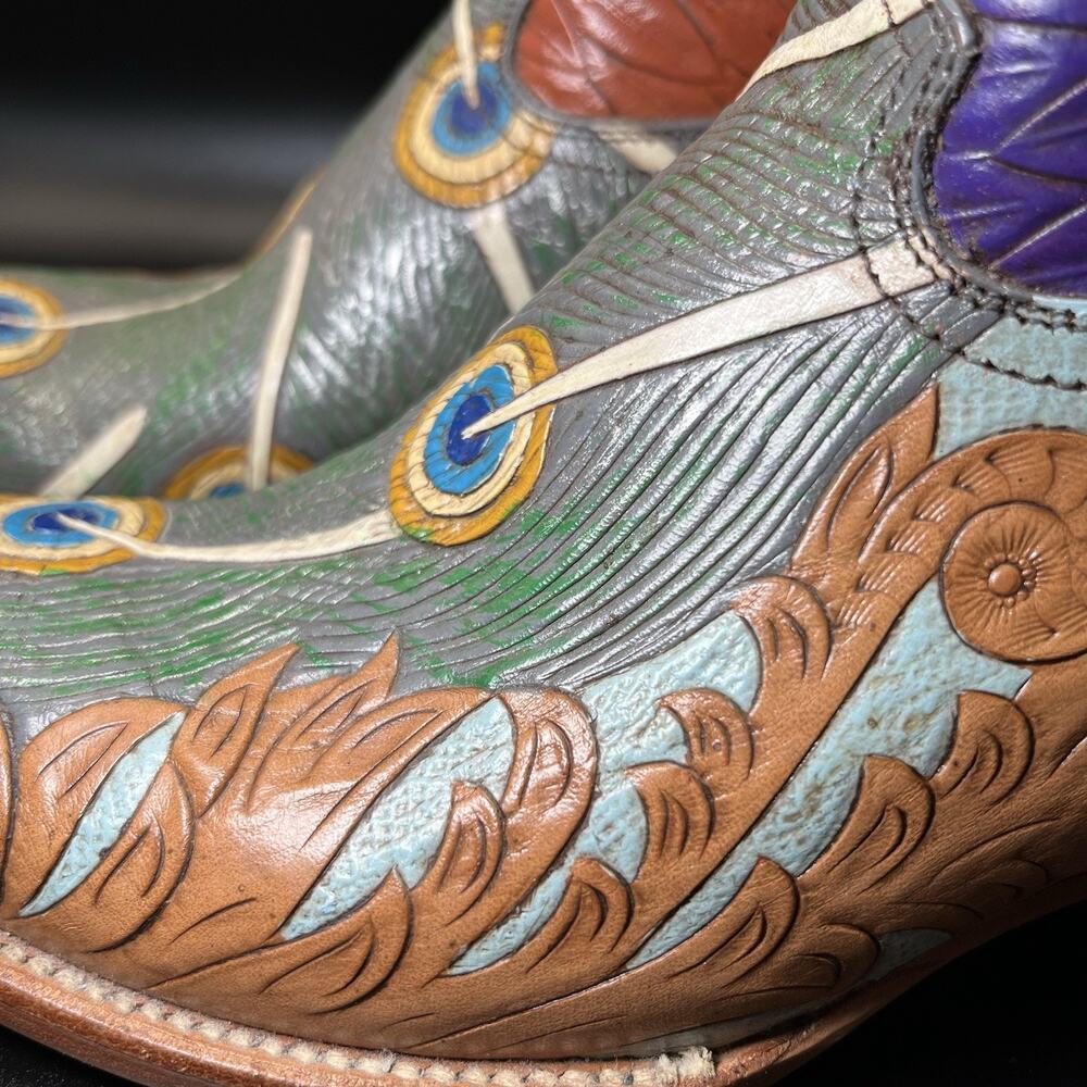 Carrie Cameron Peacock Boots Women's 8.5B Hand Tooled Painted Leather Western - Picture 11 of 16